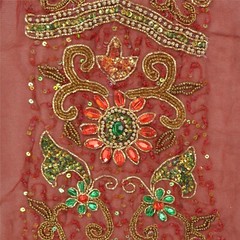 Sanskriti Saskriti Vintage Combo Of Design Fabric Hand Beaded Craft Dark Red Dre