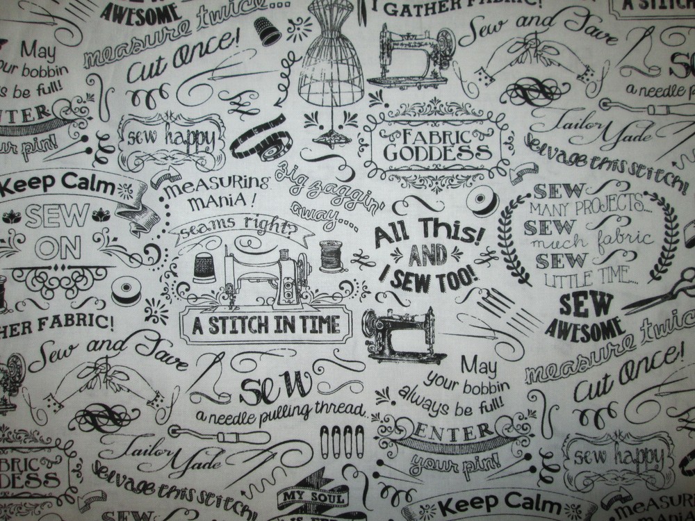 Sewing Chalk Words Mannequins Sew Items Black White Cotton Fabric BTHY