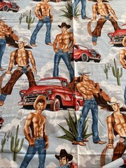 Alexander Henry Wranglers Shirtless Cowboy Fabric Sexy Country Truck Yd Blue