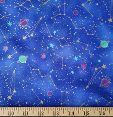 Small Planets, Stars, Constellations in Outer Space on Mottled Blue Ground