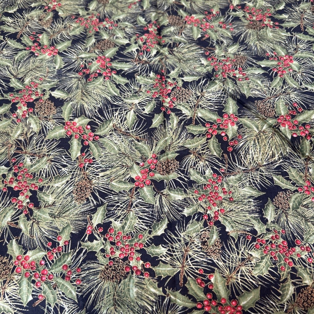 Red Rooster Cottin Quilting Fabric Red Green Gold Holly Berry Pine Cone 1.3 Yd