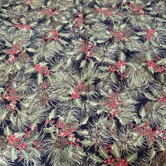 Red Rooster Cottin Quilting Fabric Red Green Gold Holly Berry Pine Cone 1.3 Yd