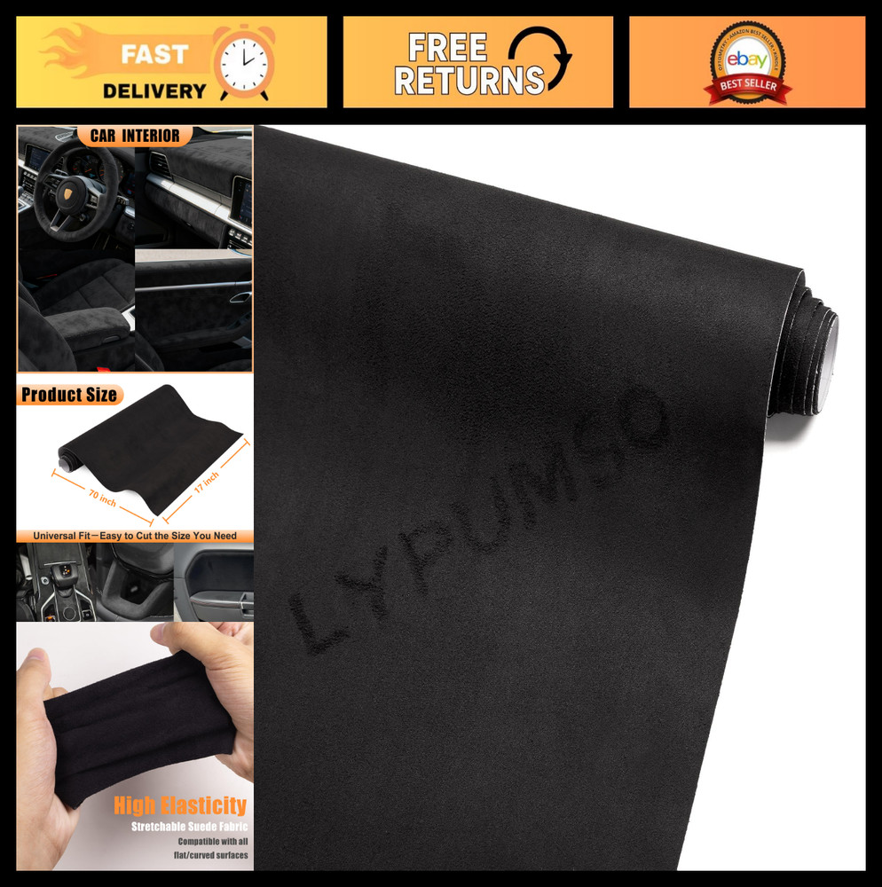 Self-Adhesive Black Suede Fabric Wrap for Car Interior – 17in x 70in, Easy Peel