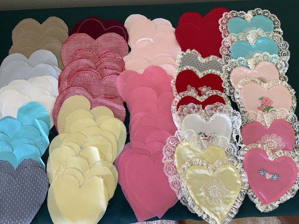 Handmade Embroidery Hearts Lace in Progress Red White Pink Yellow Fabric LOVE