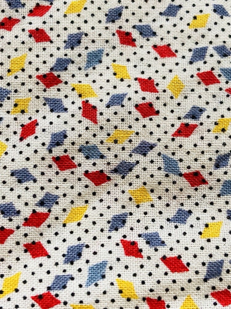 Tiny Grey Red Yellow Diamonds on Tiny Black Polka Dot on Cream Cotton Fabric 1Y
