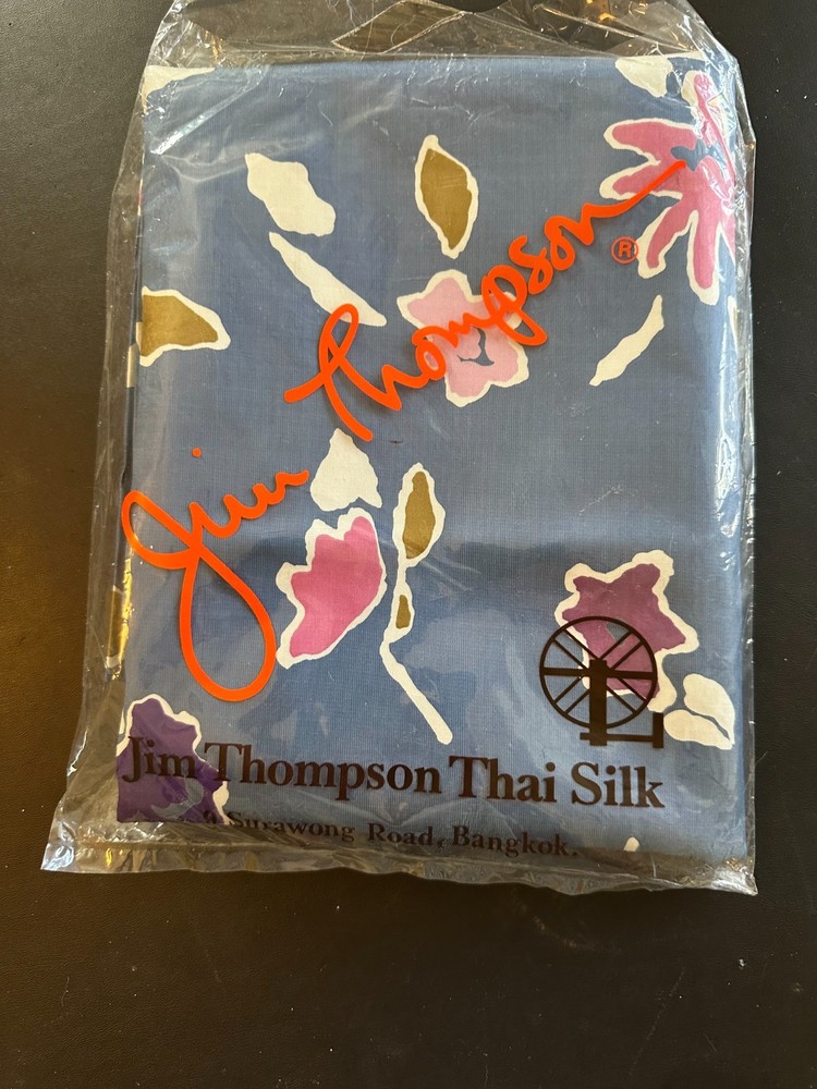 JIM THOMPSON 100% Thai Silk, Purple & Pink on Blue Background 94″ x 40″