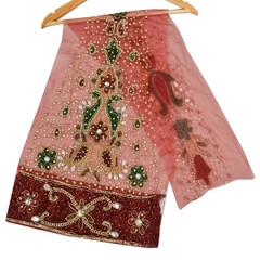 Sanskriti Vintage Design Fabric Hand Beaded Indian Dark Red Patch Work Decor