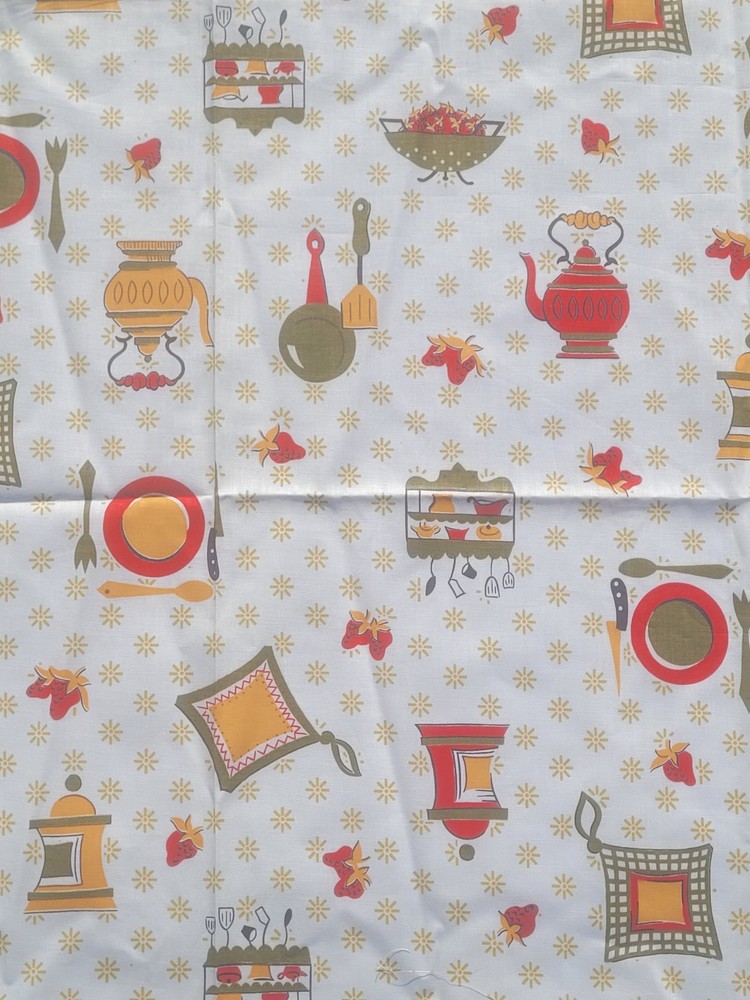 1 yd MCM VTG Gold Avocado Green Red Yellow Kitchen Novelty Fabric Cotton 38″ W