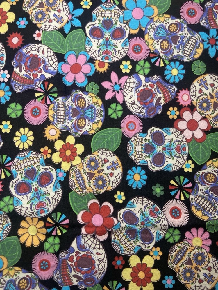 Day of the Dead Sugar Skull Cotton Fabric – Black Floral Print – 44” W X 30” L