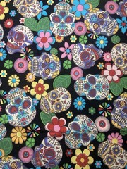 Day of the Dead Sugar Skull Cotton Fabric – Black Floral Print – 44” W X 30” L