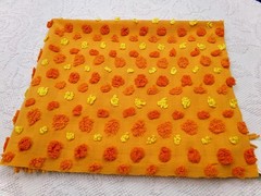 boho vtg chenille bedspread fabric, optic orange multisize cirrus dot 18″ x 24″