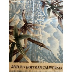 Vintage Hoffman Tropical Scenic Fabric Blue Palm Trees Island Huts 1.5 Yards