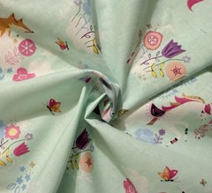 AQUA FLOWERS & UNICORNS Cotton Sewing Quilting Fabric BTHY (18″) X 43″ wide
