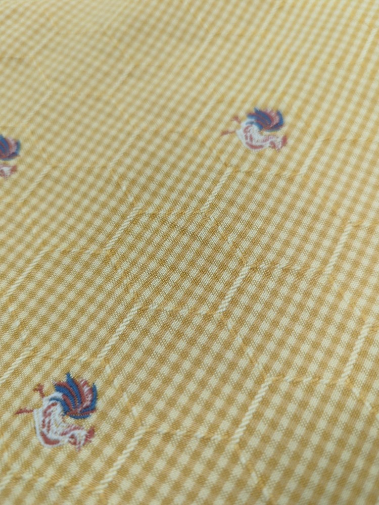 Heavy Yellow and Gold Gingham Check Fabric 2 Yards W/Raised Roosters & Wire.