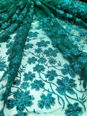 Emerald Green Lace fabric 57” W Fabric Sold By The Yard Glitter Floral For Dress