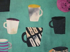 MOD COFFEE CUPS TEA CUP NEWSPAPER MUGS TEAL BLUE DRINKS COTTON FABRIC FQ