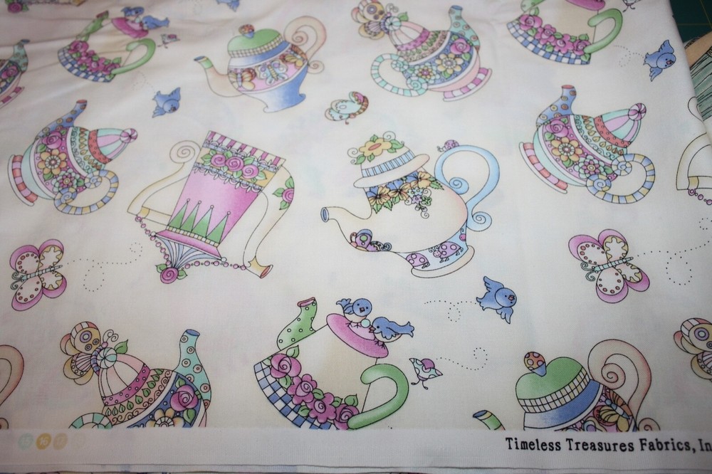 OOP Timeless Treasures TEAPOTS Flowers Birds #5530 on Cream, Rare OOP 2.33 yds