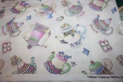 OOP Timeless Treasures TEAPOTS Flowers Birds #5530 on Cream, Rare OOP 2.33 yds