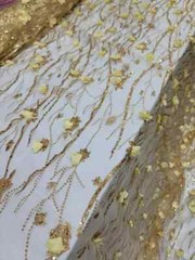 “Embroidered Fabric with 3D Flowers and Gold Lace – Sold by the Yard with Sequin