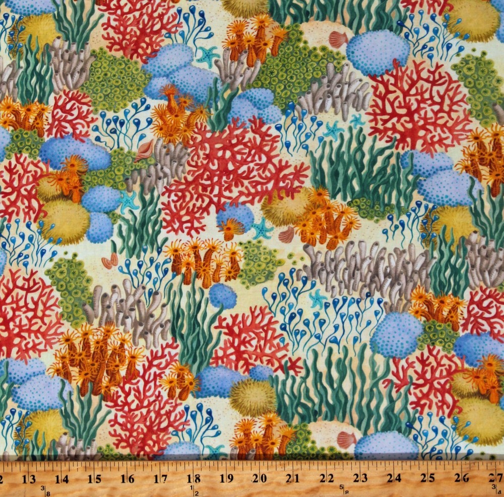 Cotton Ocean Coral Reefs Sea Sponges Anemones Fabric Print by Yard D578.66