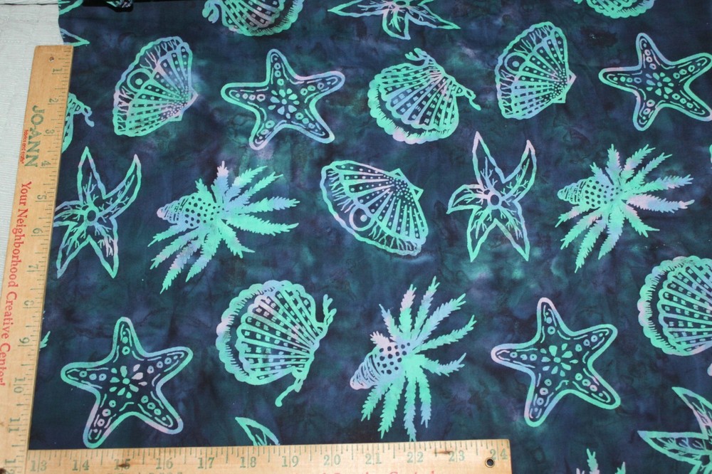 Batik Blue Star Fish Sea Shells Design Cotton Quilting Fabric 1 Yd 44 Fast Ship