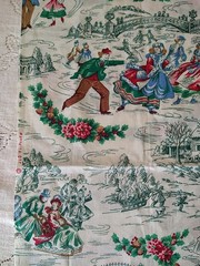Christmas Village Skating Dickens Green Toile-Look Cotton Fabric 20×22 Wamsutta