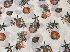 Sea shell sea weed star fish polyester chiffon fabric on beige, 58″ by 20″