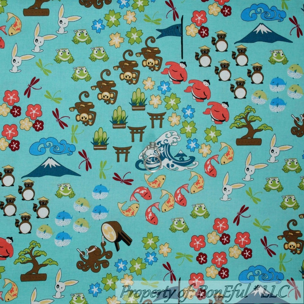 BonEful Fabric FQ Cotton Quilt Aqua Blue Water Asian Anime Fish Beach Boy Sushi