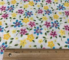 OOP Floral Fabric Pink Yellow Green Fuchsia Turquoise Blue On White Cotton 1+Yds