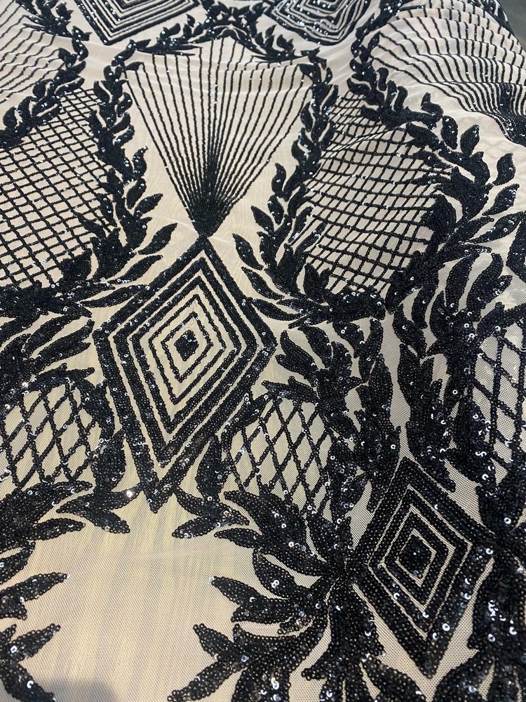 Jewel ,Black on nude,necklace , Big Print, Sequin, 4-way Stretch prom fabric