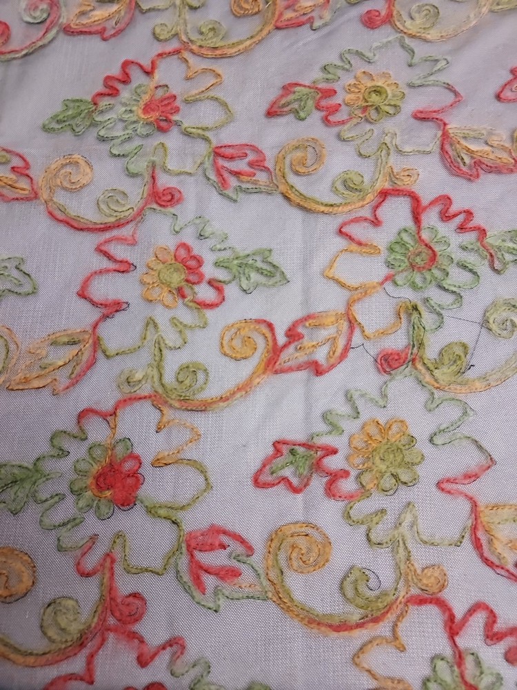Embroidered Black Netting Fabric With Multicolored Wool Thread