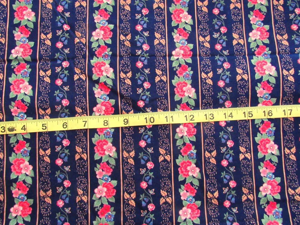 1 yd Cotton Fabric Blue Stripes with Pink & Rose Flowers