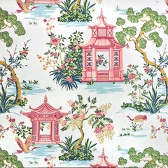Harmony Primrose Pink Blue Green Asian Pagoda Toile Print Regal Fabric
