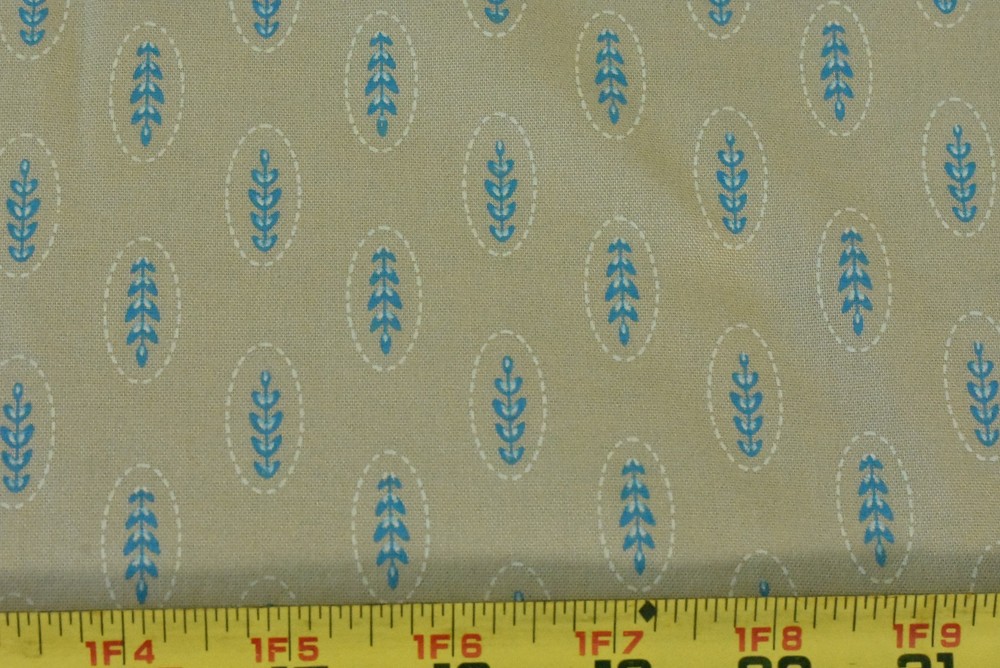 By 1/2 Yd, Blue Leaves on Tan Super-Combed-Cotton, Connecting Threads, V952