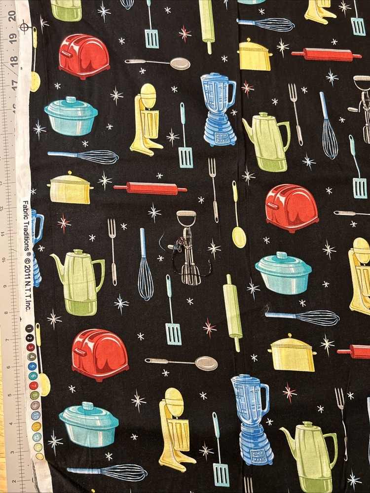Kitchen Accessories On Black Fabric Traditions Cotton 1/2 Yard (18 By 44”) New