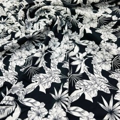 Spandex Fabric 4 way Stretch White & Black Flowers Print by Yard for Swimwear