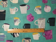 MOD COFFEE CUPS TEA CUP NEWSPAPER MUGS TEAL BLUE DRINKS COTTON FABRIC FQ