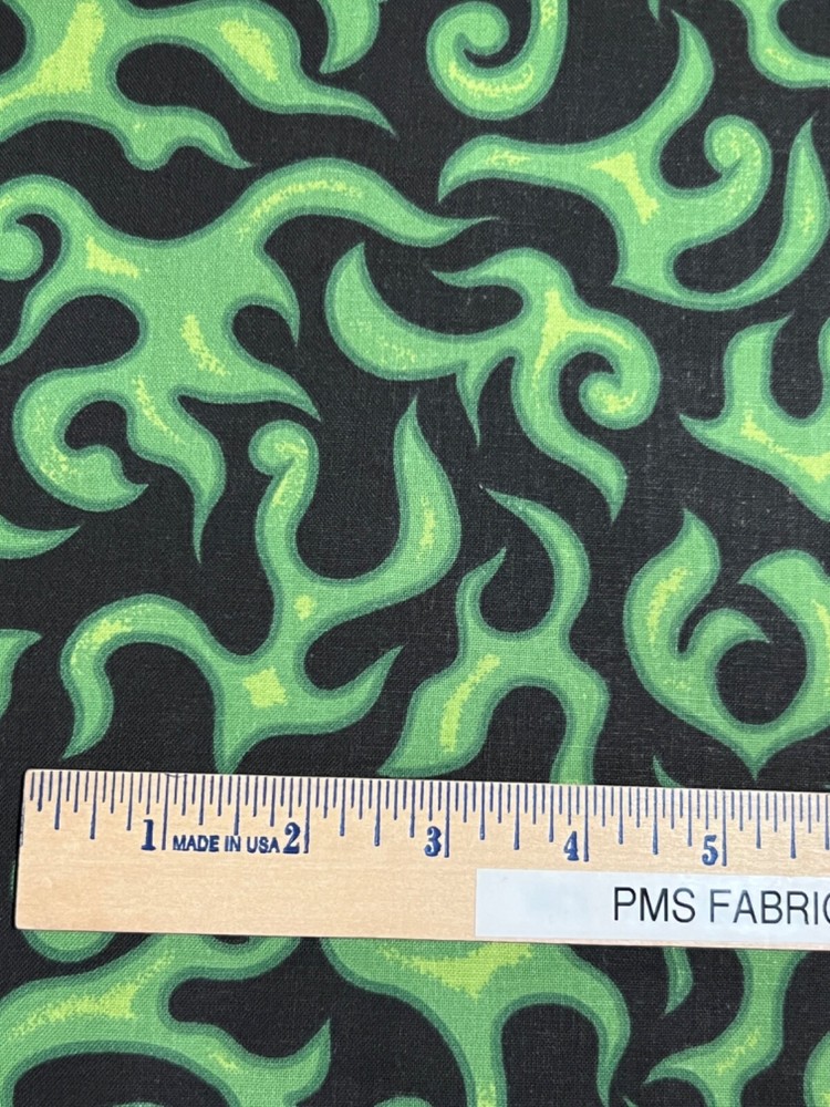 MDG On Fire 100% cotton fabric by the yard like Motorcycle flames Black & Green