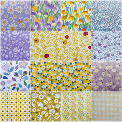 Vintage Floral Precut Fabric Squares 10X10, Purple Yellow Layer Cake Fabric for