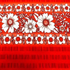 3 Yd X 64 In Vtg Mod Red Orange White Floral Stripe Polyester Stretch Fabric