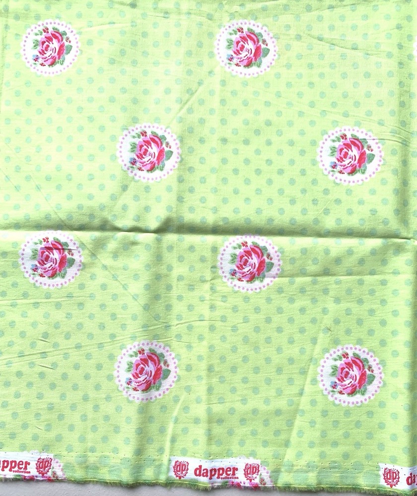 Cotton sheeting fabric green w/ pink roses 30” W X 50” L Frm France Dapper Brand