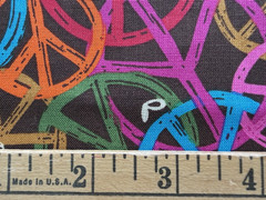 Groovy Peace Symbols Fabric; Brown with Orange, Pink, Green, Red, Yellow. BTHY