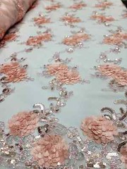 “Blush 3D Floral Lace Fabric with Sequins and Embroidered Double Scallops – Sold