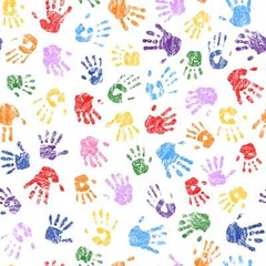 Color My World White/Multi Handprints Blank Textiles BTY 44″ Wide