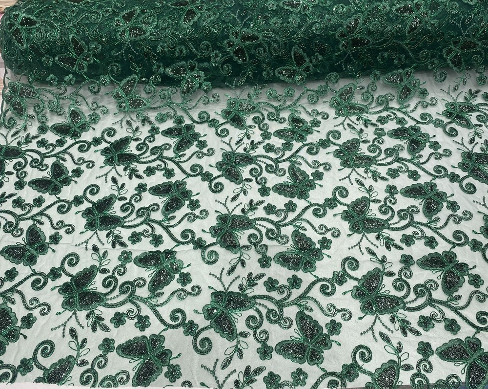 Emerald Butterfly Sequin Lace 3D Embroidered Floral Mesh Couture Beaded Fabric