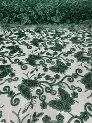 Emerald Butterfly Sequin Lace 3D Embroidered Floral Mesh Couture Beaded Fabric
