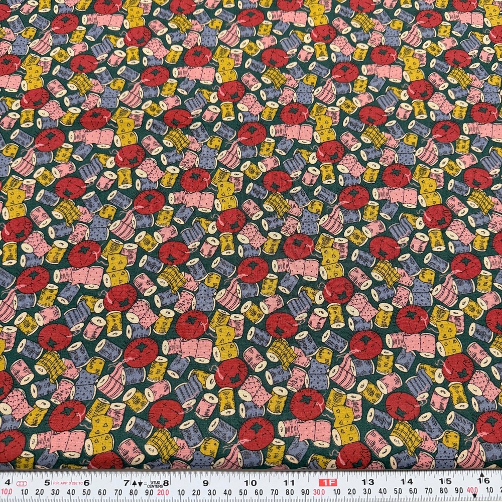 Vintage Sewing Theme Thread Pin Cushion Green Cotton Fabric by the HALF YARD