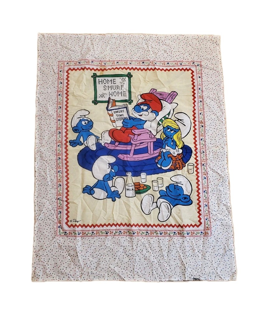 Vintage Smurfs Fabric Panel – Child Baby Quilt Blanket Cotton 43″ x 33″