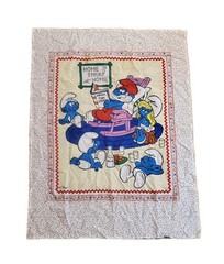 Vintage Smurfs Fabric Panel – Child Baby Quilt Blanket Cotton 43″ x 33″