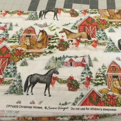 Susan Winget Cotton Fabric Christmas Horses Barns in Snow Scenic 22″ x 42″